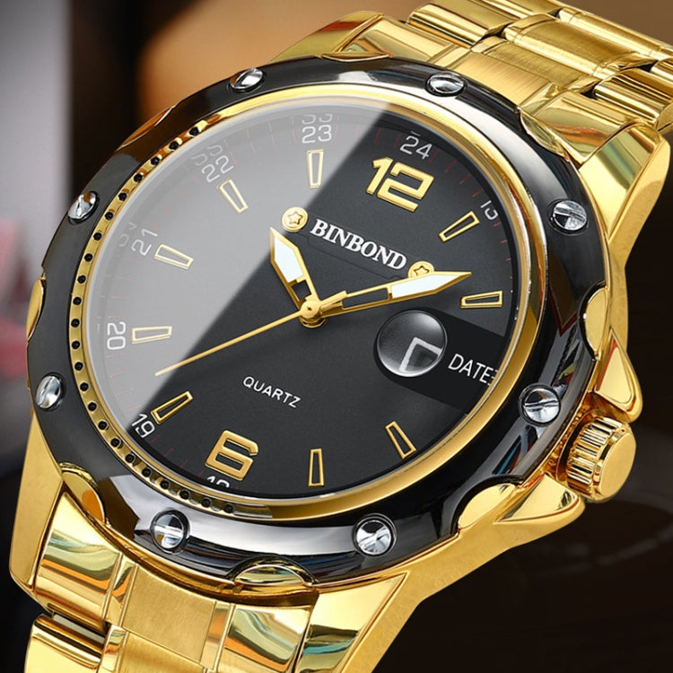 BINBOND B9696 Outdoor Calendar Luminous Waterproof Quartz Watch, Black Steel-Black-White Nail