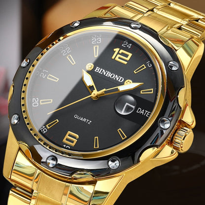 BINBOND B9696 Outdoor Calendar Luminous Waterproof Quartz Watch, Black Steel-Black-White Nail