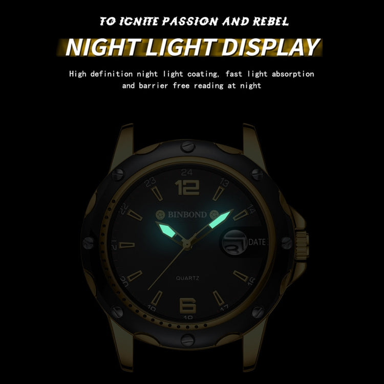 BINBOND B9696 Outdoor Calendar Luminous Waterproof Quartz Watch, Black Steel-Black-White Nail