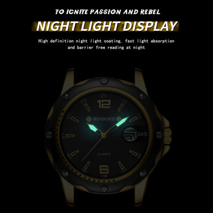 BINBOND B9696 Outdoor Calendar Luminous Waterproof Quartz Watch, Black Steel-Black-White Nail