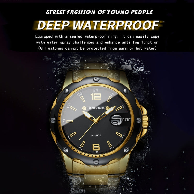 BINBOND B9696 Outdoor Calendar Luminous Waterproof Quartz Watch, Black Steel-Black-White Nail