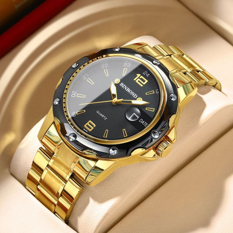 BINBOND B9696 Outdoor Calendar Luminous Waterproof Quartz Watch, Black Steel-Black-White Nail