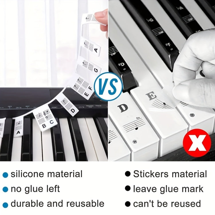 Silicone Piano Notes Guide Removable Piano Keyboard, 88 Keys White Bottom Black Text, 88 Keys White Bottom Color Text, 61 Keys White Bottom Black Text, 61 Keys White Bottom Color Text