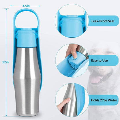 Pet Outing Stainless Steel Folding Water Bottle Outdoor Portable Drinking Fountain, Light Blue, Grey, Dark Green