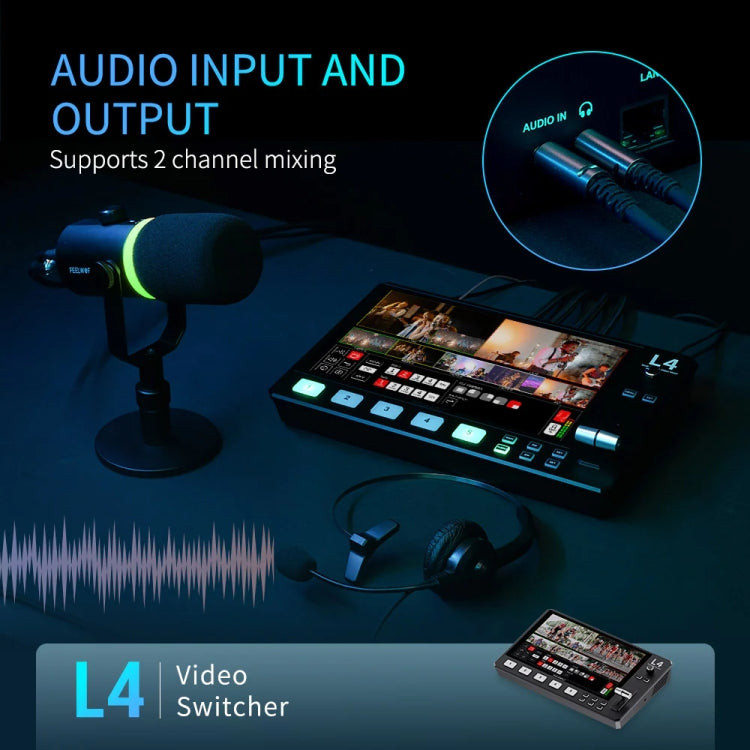 FEELWORLD L4 Multi-Camera Video Mixer Switcher 10.1" Touch Screen USB 3.0 Fast Streaming, EU Plug, UK Plug, US Plug, AU Plug