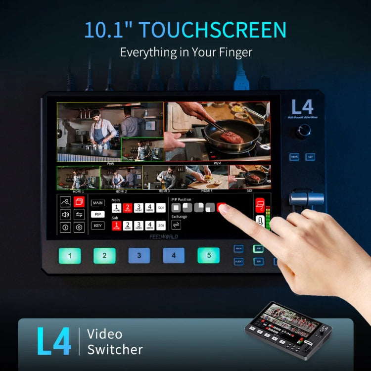 FEELWORLD L4 Multi-Camera Video Mixer Switcher 10.1" Touch Screen USB 3.0 Fast Streaming, EU Plug, UK Plug, US Plug, AU Plug