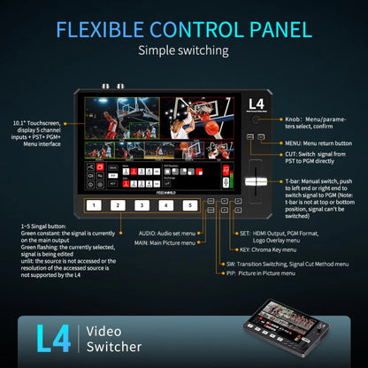 FEELWORLD L4 Multi-Camera Video Mixer Switcher 10.1" Touch Screen USB 3.0 Fast Streaming, EU Plug, UK Plug, US Plug, AU Plug