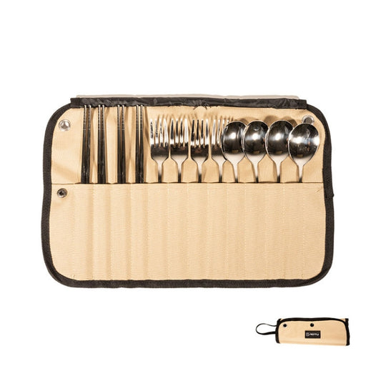 AOTU AT6471 12pcs /Set Outdoor 304 Stainless Steel Camping Cutlery Set With Storage Bag, With Chopsticks Khaki, With Dinner Knife Mud Color