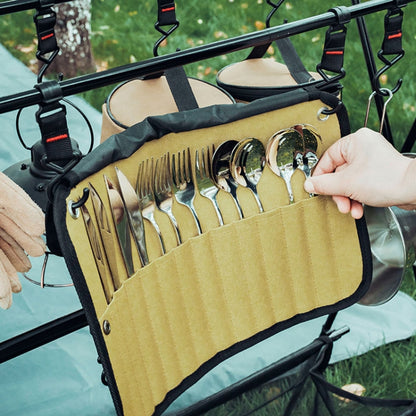 AOTU AT6471 12pcs /Set Outdoor 304 Stainless Steel Camping Cutlery Set With Storage Bag, With Chopsticks Khaki, With Dinner Knife Mud Color