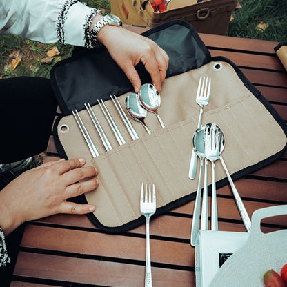 AOTU AT6471 12pcs /Set Outdoor 304 Stainless Steel Camping Cutlery Set With Storage Bag, With Chopsticks Khaki, With Dinner Knife Mud Color