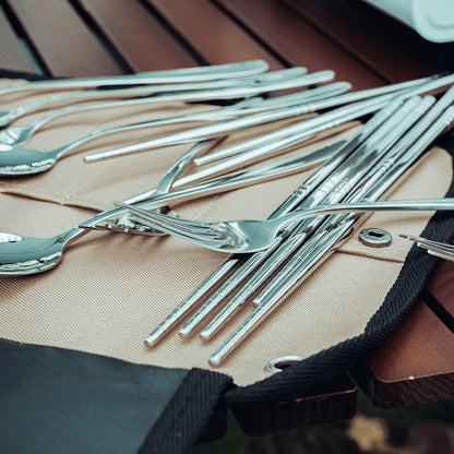AOTU AT6471 12pcs /Set Outdoor 304 Stainless Steel Camping Cutlery Set With Storage Bag, With Chopsticks Khaki, With Dinner Knife Mud Color