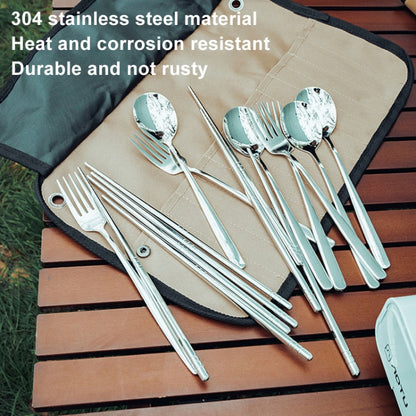 AOTU AT6471 12pcs /Set Outdoor 304 Stainless Steel Camping Cutlery Set With Storage Bag, With Chopsticks Khaki, With Dinner Knife Mud Color
