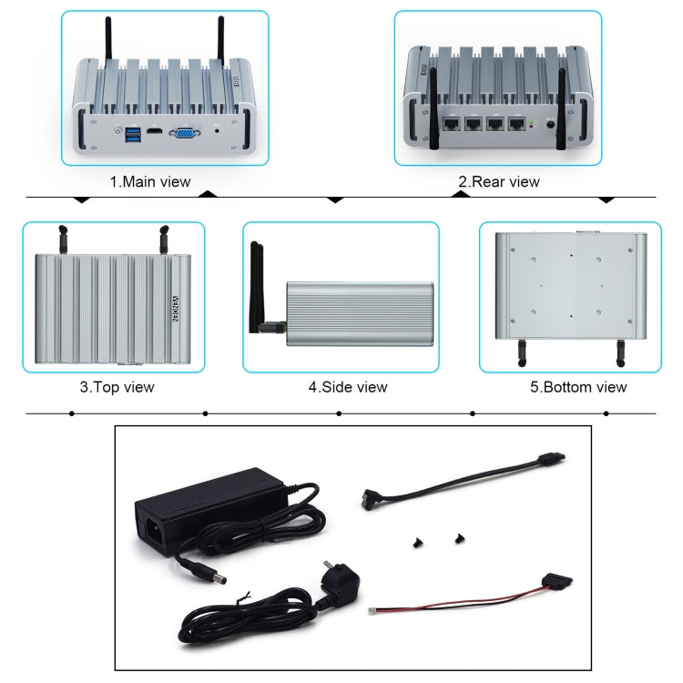 HYSTOU P09B-J4125-4L 8GB DDR4+128GB SSD Industrial Computer Soft Route From 2.5G Multi -Network HTPC Server Mini Console, With EU Adapter, With US Adapter, With UK Adapter