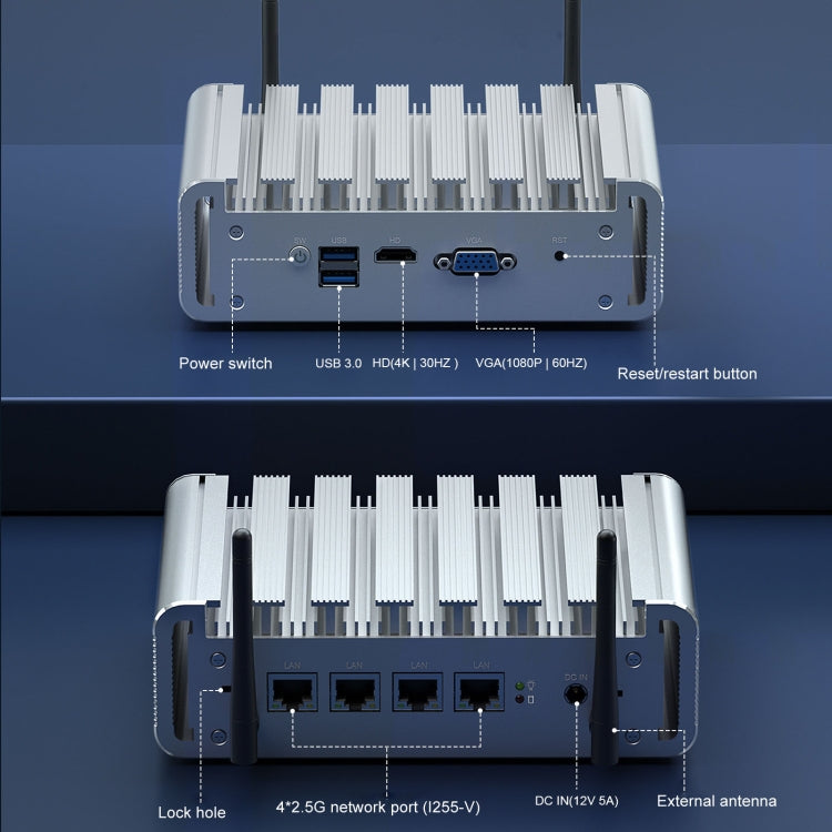 HYSTOU P09B-J4125-4L 8GB DDR4+128GB SSD Industrial Computer Soft Route From 2.5G Multi -Network HTPC Server Mini Console, With EU Adapter, With US Adapter, With UK Adapter