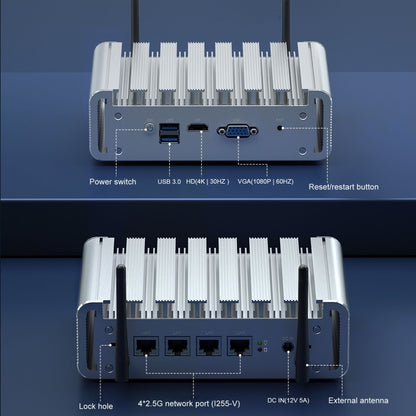 HYSTOU P09B-J4125-4L 8GB DDR4+128GB SSD Industrial Computer Soft Route From 2.5G Multi -Network HTPC Server Mini Console, With EU Adapter, With US Adapter, With UK Adapter