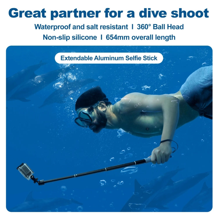 65.4cm Aluminum Alloy Waterproof Ball Head Selfie Stick Diving Shooting Sports Camera Extension Stick, TELESIN WSS-001