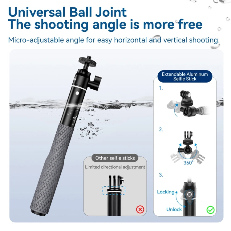 65.4cm Aluminum Alloy Waterproof Ball Head Selfie Stick Diving Shooting Sports Camera Extension Stick, TELESIN WSS-001