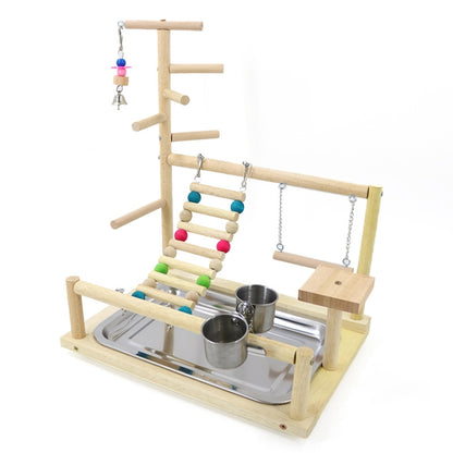 Bird Playground Parrot Playstand Perch Wooden Stand with Feeding Cups