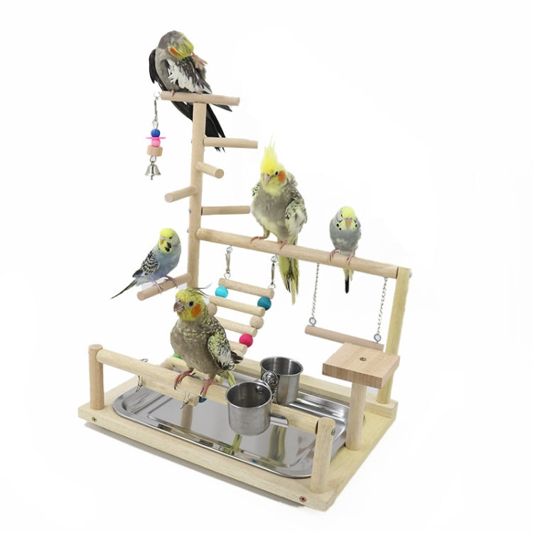 Bird Playground Parrot Playstand Perch Wooden Stand with Feeding Cups