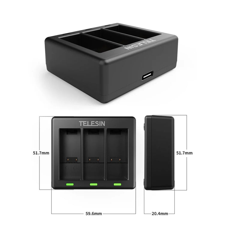 TELESIN GP-BCG-902 Battery 3 Slots Charger For GoPro HERO12 Black / HERO11 Black / HERO10 Black / HERO9 Black, GP-BCG-902