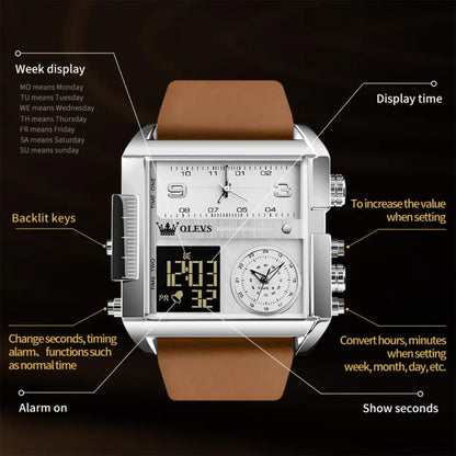 OLEVS 1101 Sports Multi-Function Square Men Quartz Electronic Watch