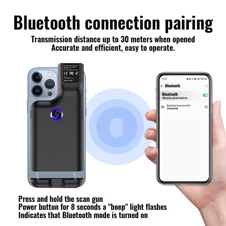 1D Bluetooth Barcode Scanner Wireless Back Clip Phone Barcode Reader, 1D 2D