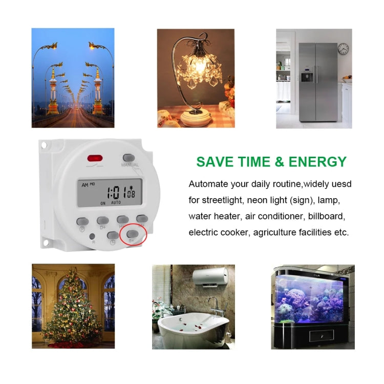 1 Second Interval Digital LCD Timer Switch 7 Days Weekly Programmable Time Relay, SINOTIMER CN101S-110V, SINOTIMER CN101S-2 220V, SINOTIMER CN101S-3 24V, SINOTIMER CN101S-4 12V, SINOTIMER CN101S-5V