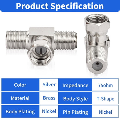 F Type Splitter 3 Way Connector F Male To Dual F Female Coaxial Connector Adapter, F Male To Dual F Female