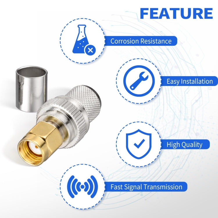 10pcs /Pack RP-SMA Male Crimp Solder Connector For LMR-400 / Belden-9913 / RG8 / RG213 Coaxial Cable, RP-SMA