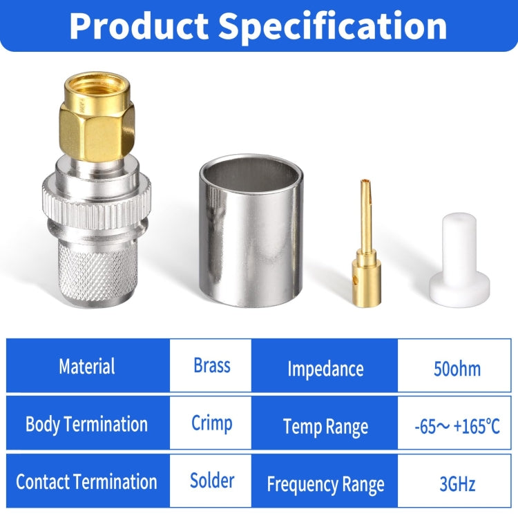 10pcs /Pack RP-SMA Male Crimp Solder Connector For LMR-400 / Belden-9913 / RG8 / RG213 Coaxial Cable, RP-SMA