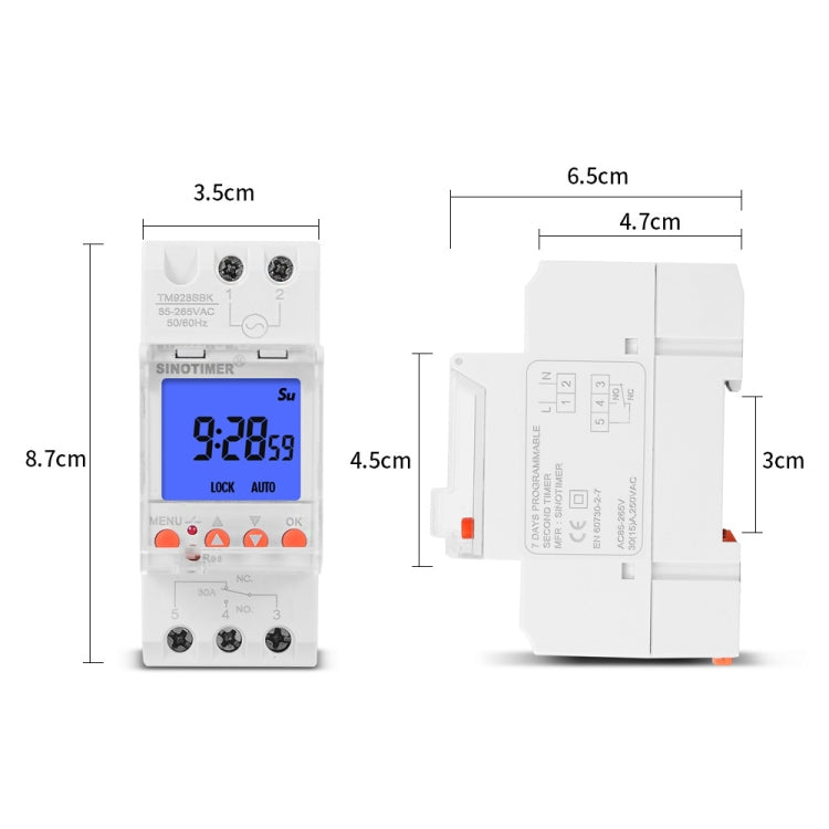 SINOTIMER TM928SBKL 85-265V 30A  1 Second to 168 Hours Programmable Electronic Time Switch, 30A