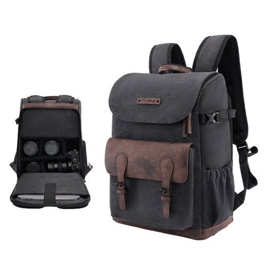 Cwatcun D128 Vintage Shoulder Backpack Split Compartment Large Capacity Splashproof Photography Bag, Small Black, Medium Black
