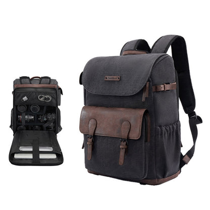 Cwatcun D128 Vintage Shoulder Backpack Split Compartment Large Capacity Splashproof Photography Bag, Small Black, Medium Black