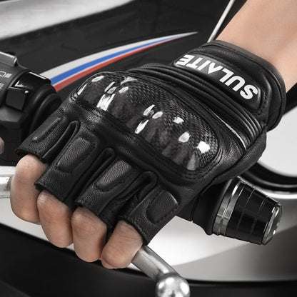 SULAITE Motorcycle Sheepskin Carbon Fiber Breathable Half-finger Riding Gloves, M, L