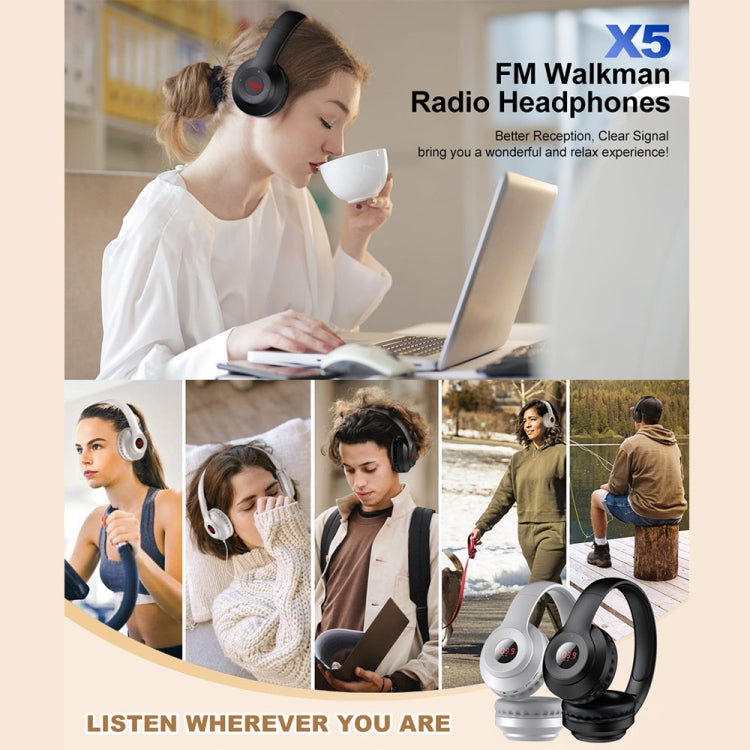 X5 Portable Digital Display Folding Headset FM Radio Headphones, Charging White, Charging Black