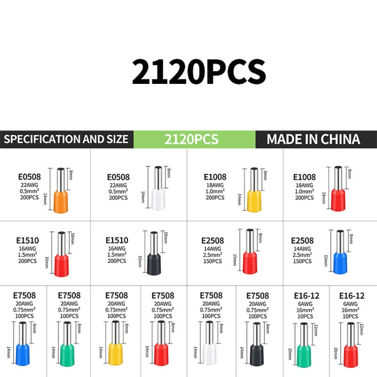 2120pcs /Set 0.5-16MM European Style Tube Type Wiring Cold Press Terminal Set, 2120pcs /Set