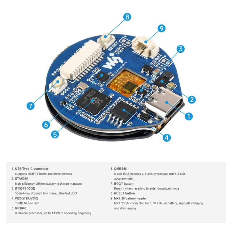 Waveshare 26369 1.28-Inch Round LCD Screen RP2040 MCU Board, with Touch, without Touch