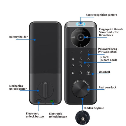 C95 Smart Fingerprint Deadbolt Lock Supports Bluetooth WiFi APP, 5 Ways To Unlock, With Camera Doorbell, C95