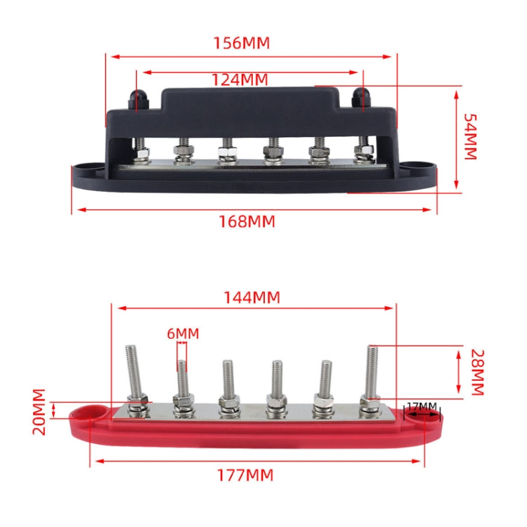 M6 RV Yacht High Current 6-column 250A Base Busbar, Red, Black, Red + Black, Red with Accessories, Black with Accessories, Red + Black with Accessories