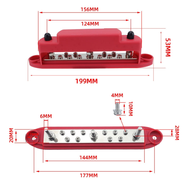 M6 3-post 10-way RV Yacht Short-circuit Proof Base DC Busbar, Red, Black, Red+Black 1pair