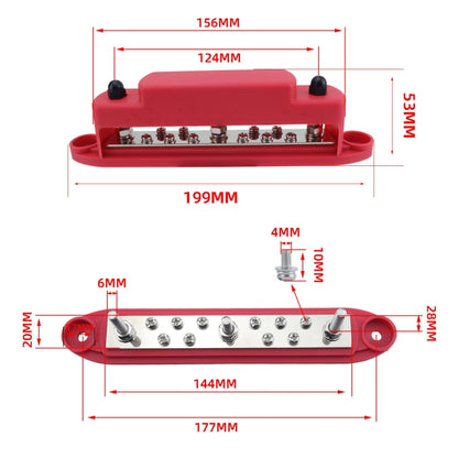 M6 3-post 10-way RV Yacht Short-circuit Proof Base DC Busbar, Red, Black, Red+Black 1pair