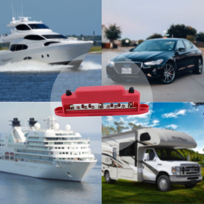 M6 3-post 10-way RV Yacht Short-circuit Proof Base DC Busbar, Red, Black, Red+Black 1pair