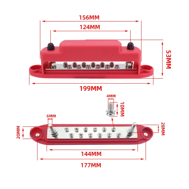 M6 2-post 12-way RV Yacht Terminal Nylon Flame Retardant Busbar, Red, Black, Red+Black 1pair