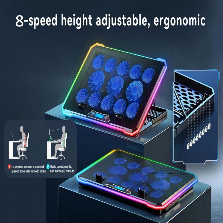 ICE COOREL K15C Smart Adjustable Laptop Radiator Base With RGB Lighting Effect, 13 Fans, 14 Fans, 15 Fans