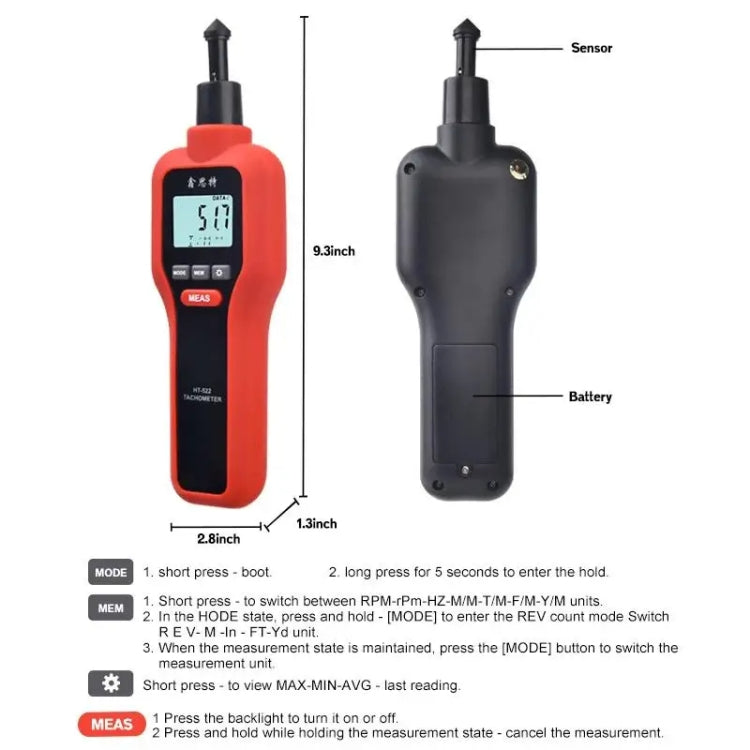 Xinsite HT-522 LCD Digital Tachometer 100,000 PPM Non-Contact Speed Meter, HT-522