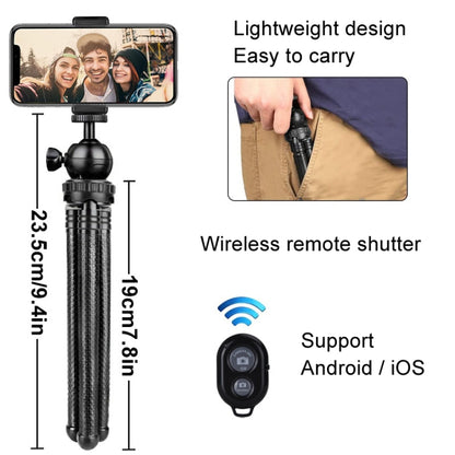 Octopus Fish Silicone Camera Tripod Desktop Folding Stand, With Bluetooth Controller+Adapter+Phone Clip+Storage Bag+Screws, Single Tripod