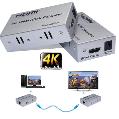 HDMI To RJ45 Single Ethernet Cable 100m Extender 4K HD Cable Signal Amplifier, US Plug, UK Plug, EU Plug