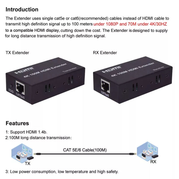HDMI To RJ45 Single Ethernet Cable 100m Extender 4K HD Cable Signal Amplifier, US Plug, UK Plug, EU Plug