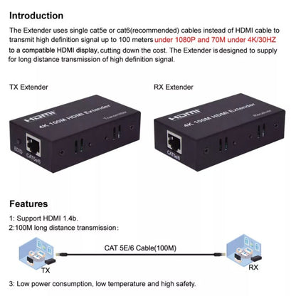 HDMI To RJ45 Single Ethernet Cable 100m Extender 4K HD Cable Signal Amplifier, US Plug, UK Plug, EU Plug