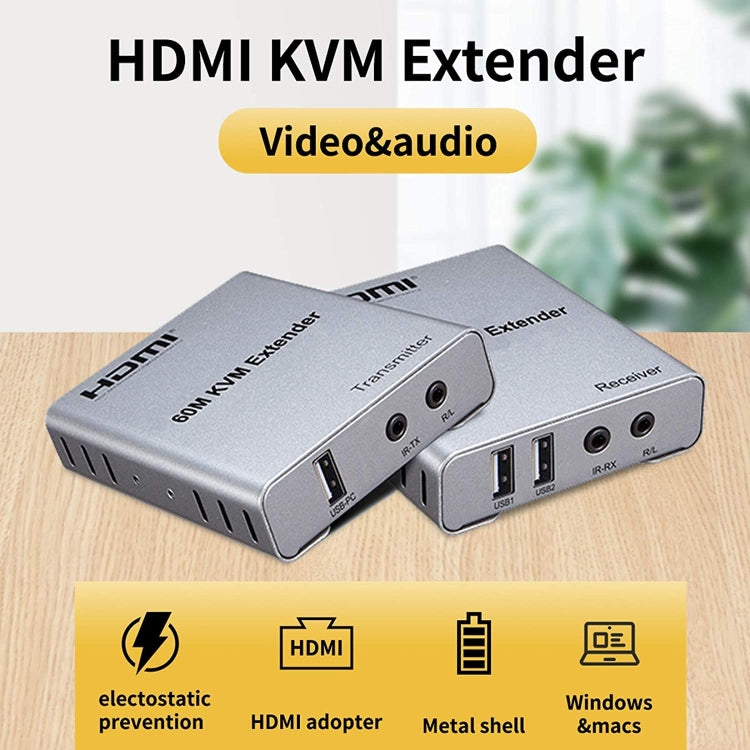 KVM 60m HDMI Network Cable Extender With Audio/Video Transmitter+Receiver, US Plug, 60m